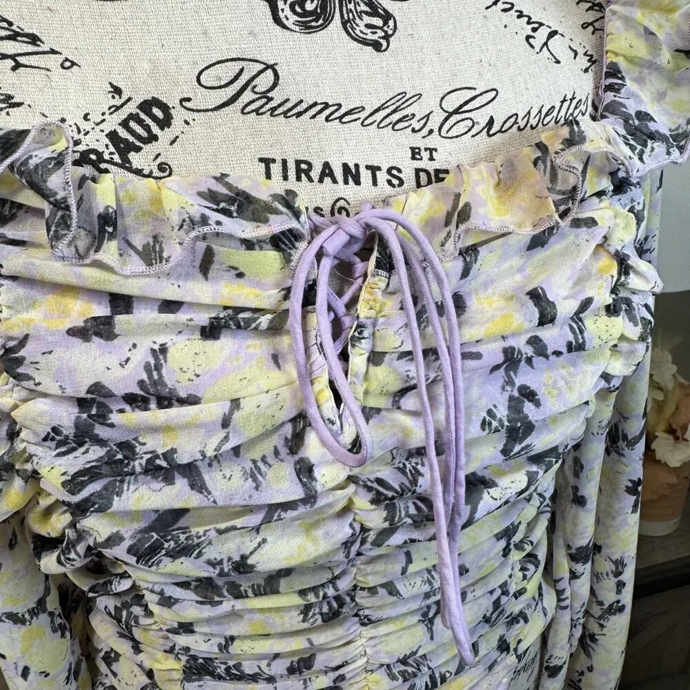 Free People Mabel Floral Tie Blouse Lilac Balloon Sleeve Sz S Boho Cottage